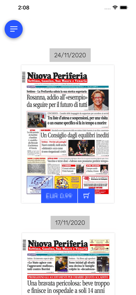 La nuova Periferia - Settimo - Digital archive of La Nuova Periferia newspaper editions in the mobile app showing various dates and front pages