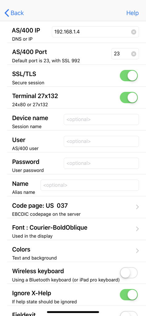 Menu di configurazione per la connessione del server AS400 in TN5250 Lite che mostra porta IP e impostazioni di sicurezza