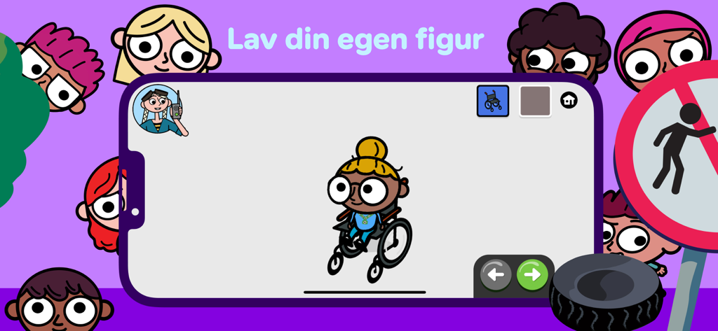 DR Ramasjang Motor Mille - Interface of the DR Ramasjang Motor Mille app showing a character creation screen with an avatar in a wheelchair