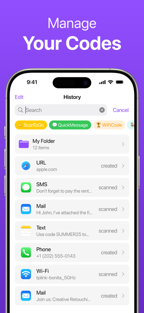 Scan QR Code & Read Barcode - Interfaz que muestra el historial y la organización de los códigos QR y de barras escaneados en carpetas y etiquetas.
