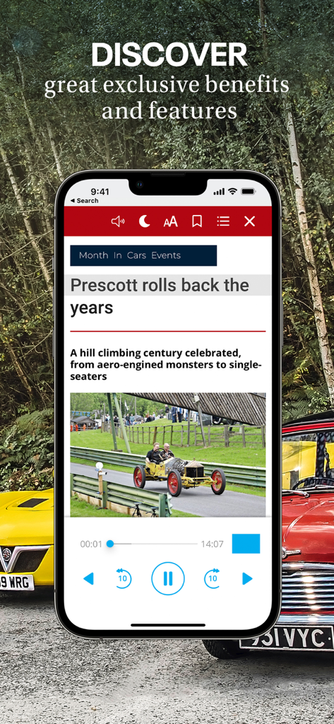Classic Cars: Driving history - Classic Cars app interface showing an article about vintage racing with an integrated audio player for listening to stories.