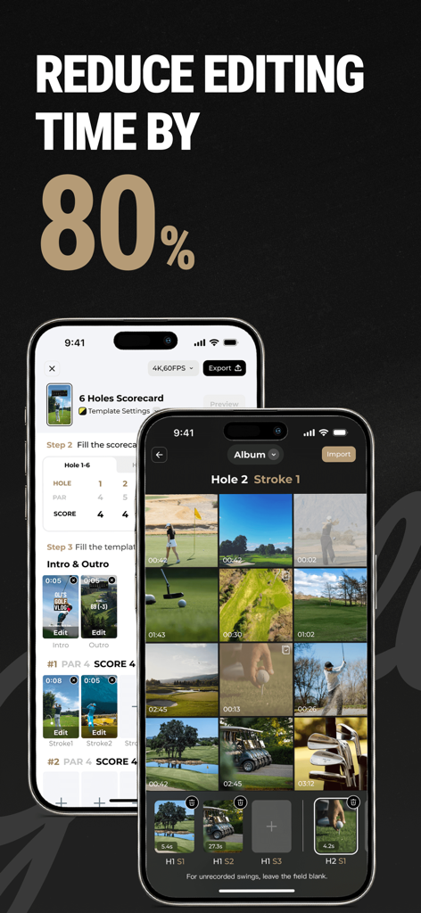GolfCam app interface highlighting a featured claim to reduce golf video editing time by 80 percent