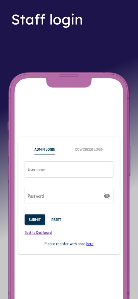 Pantalla de inicio de sesión del personal de Plannera con opciones para inicios de sesión de administrador y compañeros de trabajo