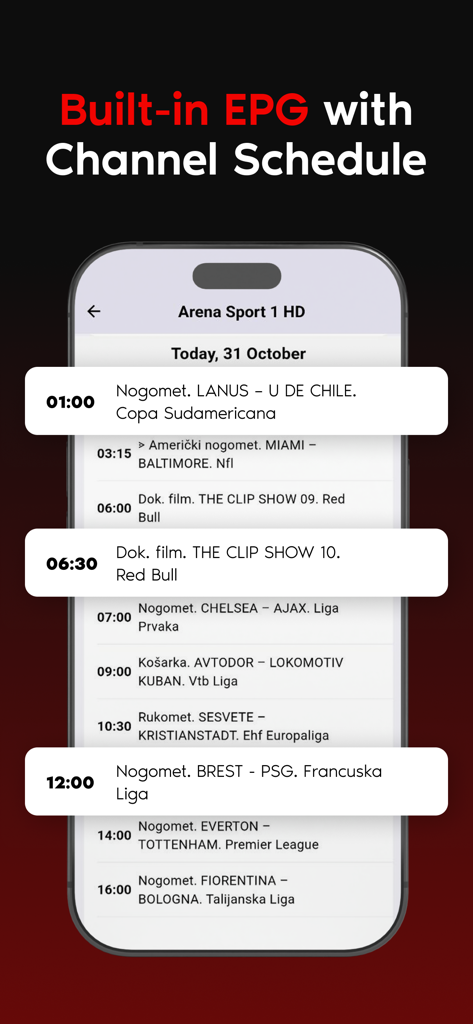 IPTV player m3u8 EPG Xtream - A smartphone showing the built-in electronic program guide and channel schedule of the IPTV player app