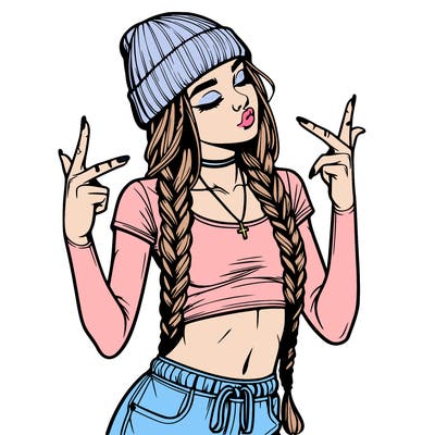 realistic teenage girl with braids and a beanie and crop top doing 🫶🏼
