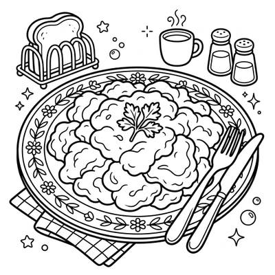 Start your day with a splash of color! This delightful coloring page features a hearty plate of fluffy scrambled eggs, ready for young artists to bring to life.