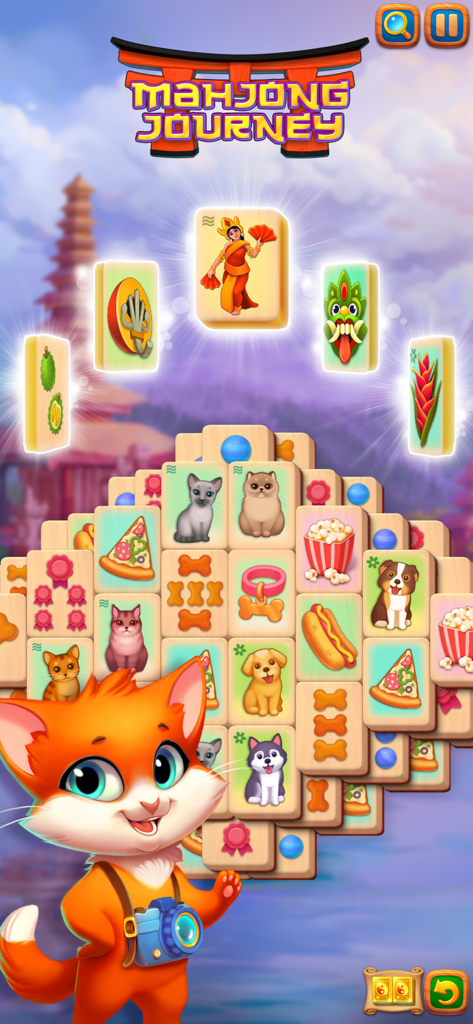 Mahjong Journey tile match game with animal themed tiles and a cute cat character