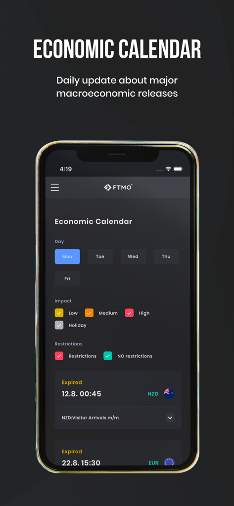 FTMO mobile app interface showing the economic calendar for tracking macroeconomic releases and market impact