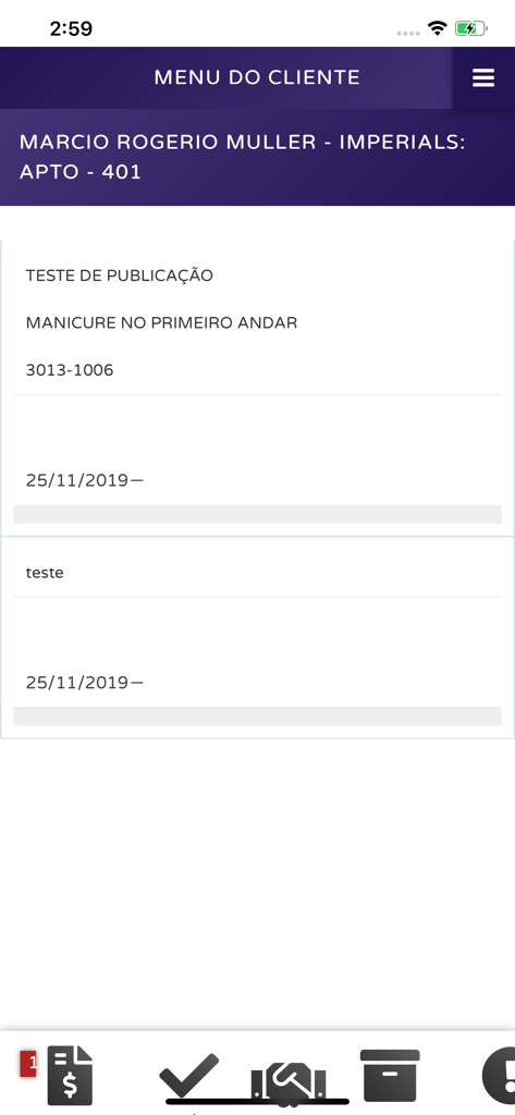 Menú del cliente de la aplicación Garante Curitiba mostrando anuncios de la propiedad e información de los residentes