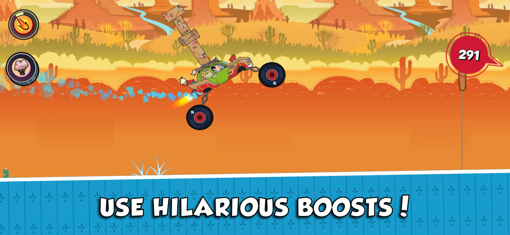 Mr. Bean conduciendo un monster truck personalizado con cajas apiladas y un impulso de velocidad en un nivel del desierto.