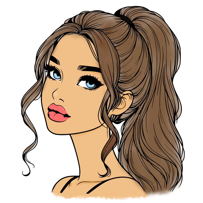 realistic girl with a ponytail on her hair and lips