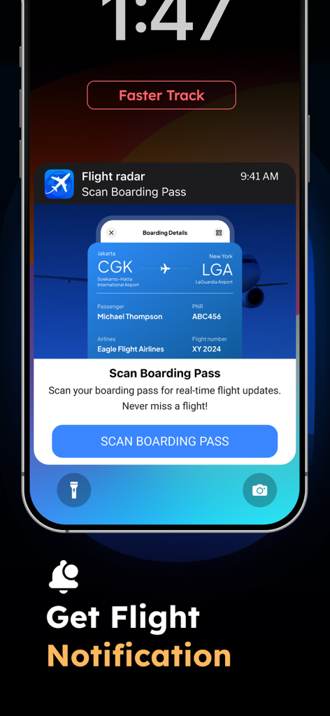iPhone-Sperrbildschirm, der eine Benachrichtigung zum Scannen einer Bordkarte für Echtzeit-Flug-Updates in der Flight Radar App anzeigt