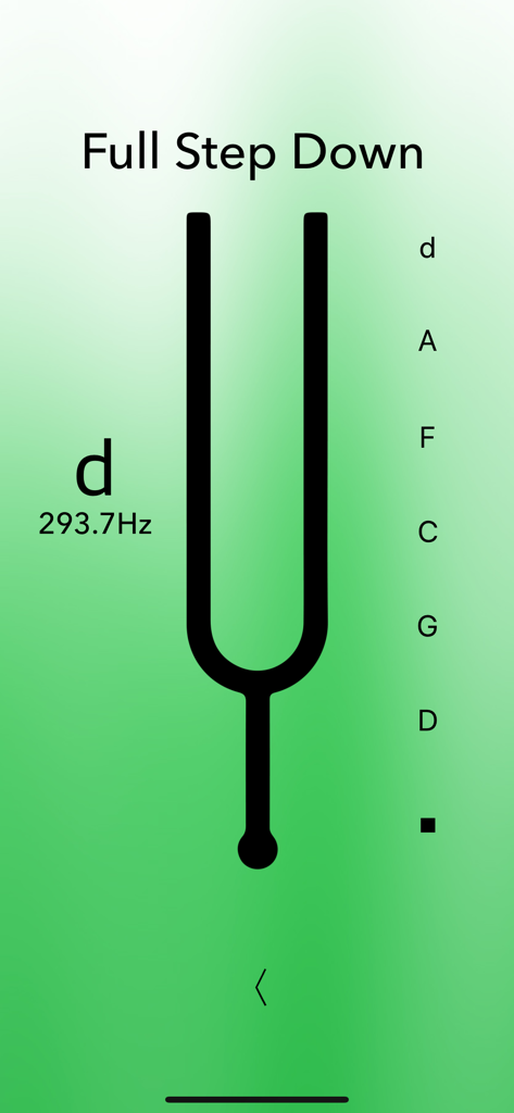 Acoustic Guitar Tuner Pro - Interfaz del Afinador de Guitarra Acústica Pro que muestra el modo de afinación de tono completo abajo con visualización de frecuencia en Hz.