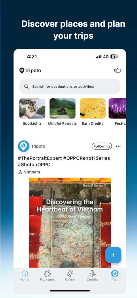 Tripoto app home screen showing options to discover places plan trips and view Vietnam travel guides