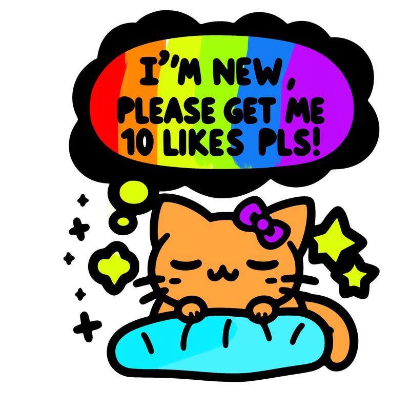 kitty taking a nap dream talking and saying "i'm new, please get me at least 10 likes pls!!"