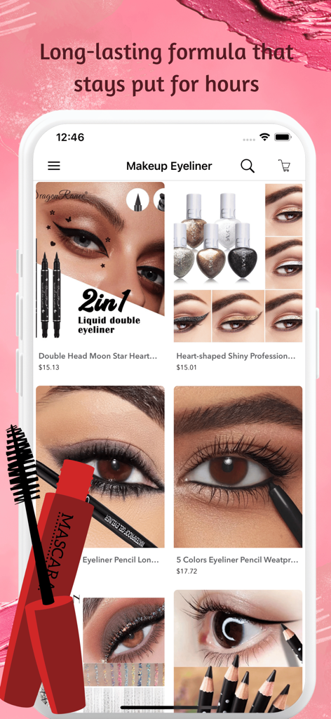 온라인 저렴한 화장품 쇼핑 앱의 스크린샷으로, 다양한 저렴한 아이라이너 제품과 지속력 있는 포뮬러가 특징입니다.