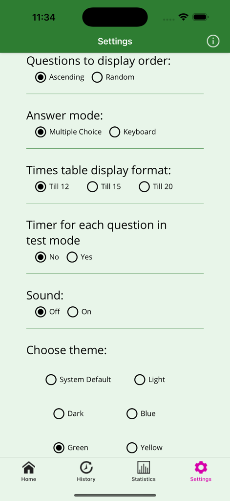 Settings page for customizing math quizzes and themes in the Multiplication Tables app.