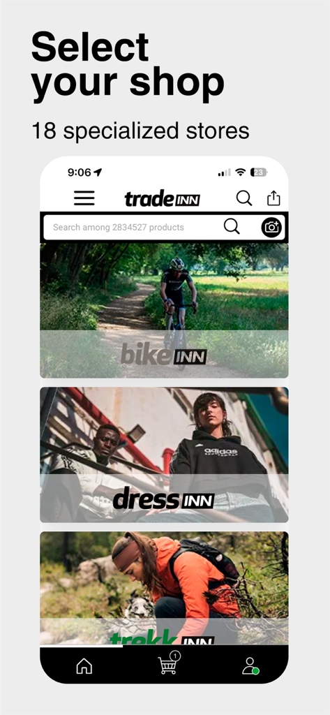 Tradeinn - Capture d'écran de l'application Tradeinn montrant des boutiques spécialisées dans la mode cycliste et les équipements de trekking