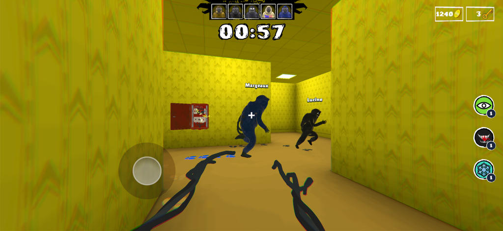 First person view of a hunter chasing other characters in the yellow backrooms maze