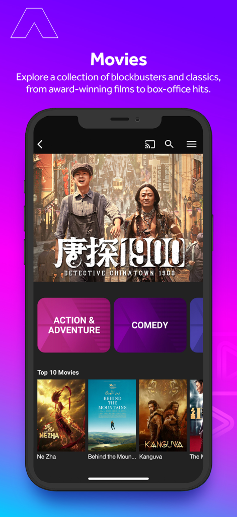 Pantalla de películas de la aplicación mewatch con Detective Chinatown 1900 y las mejores películas asiáticas