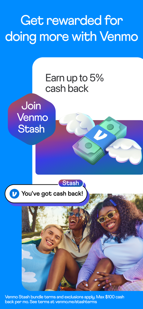Venmo app screen promoting cash back rewards and a group of friends laughing together.