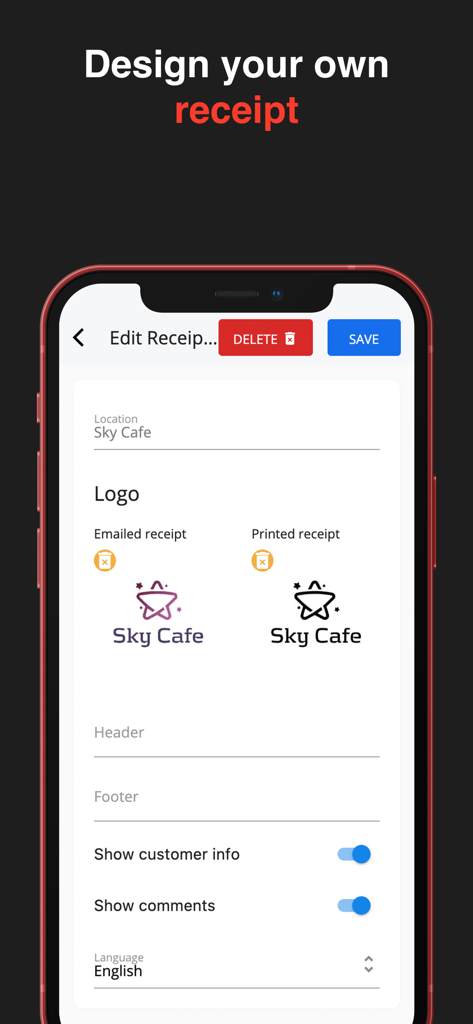 Alto’s POS & Inventory System - Interface de conception de reçus numériques et imprimés personnalisés avec des logos d'entreprise et des détails de marque dans l'application Alto POS