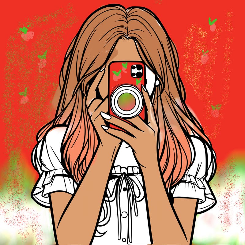 a realistic girl holding her phone taking pictures