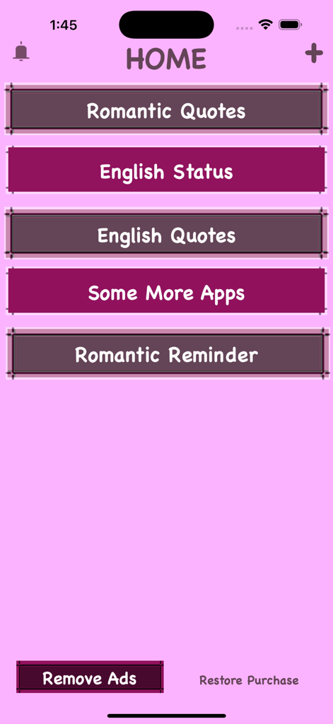 Romantic Quotes Latest Status - Home screen of the Romantic Quotes app featuring a menu with options for romantic quotes and status updates on a pink background