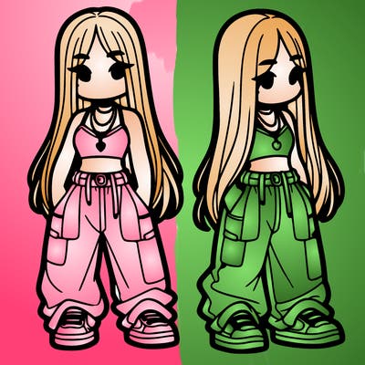 girl in baggy pants crop top and long hair