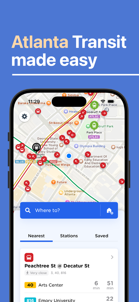 Atlanta Transit app interface displaying a map of transit stops and real-time MARTA bus arrival times for Peachtree Street.