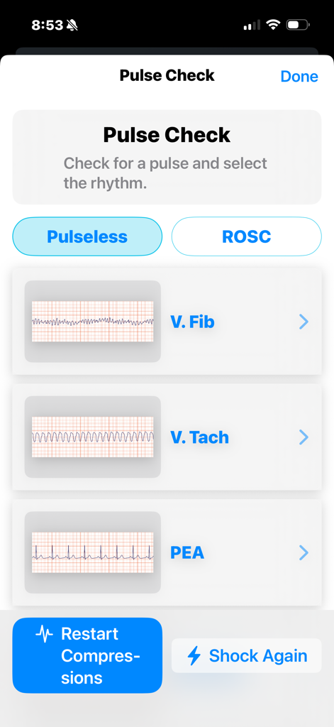 Interface of the Code Blue Narrator app showing the pulse check screen with options for ROSC and rhythm selection like V. Fib and PEA.