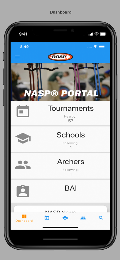 NASP® Portal - NASP Portal app dashboard with sections for tournaments schools archers and BAI instructors