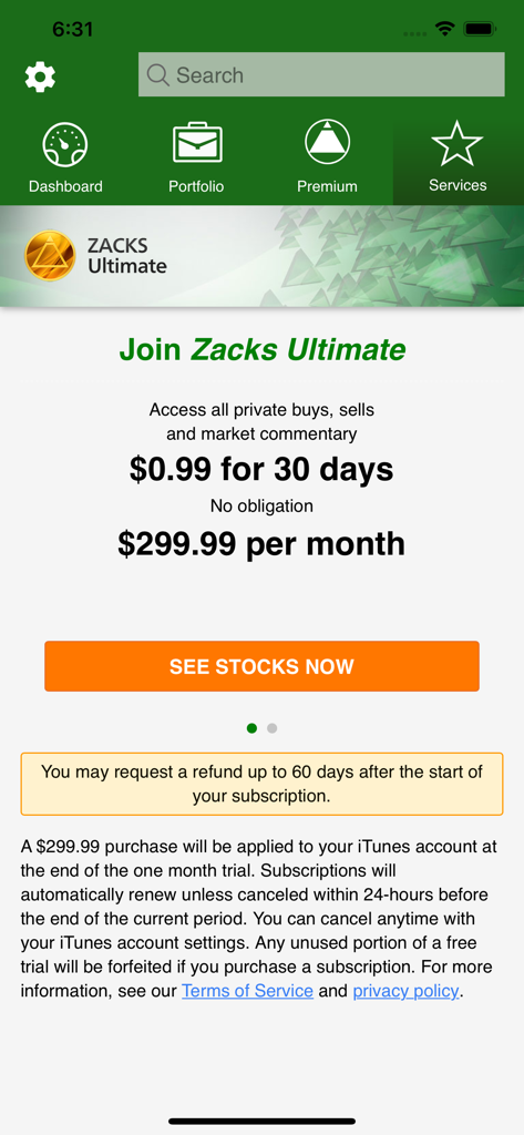 Zacks Mobile App - Zacks Mobile App premium subscription screen for Zacks Ultimate showing trial pricing and stock access button