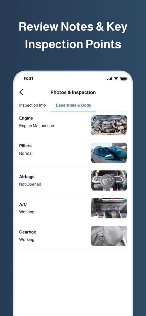 Mazad By Motory - Car Auctions - Bildschirm mit detailliertem Fahrzeuginspektionsbericht mit Fotos in der Mazad-App