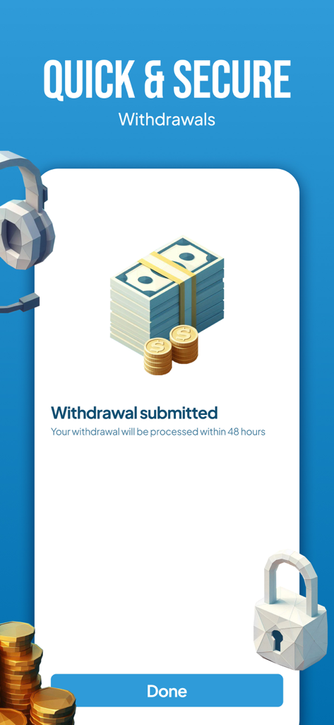 Players Lounge app screen showing quick and secure withdrawal confirmation with cash and lock illustrations