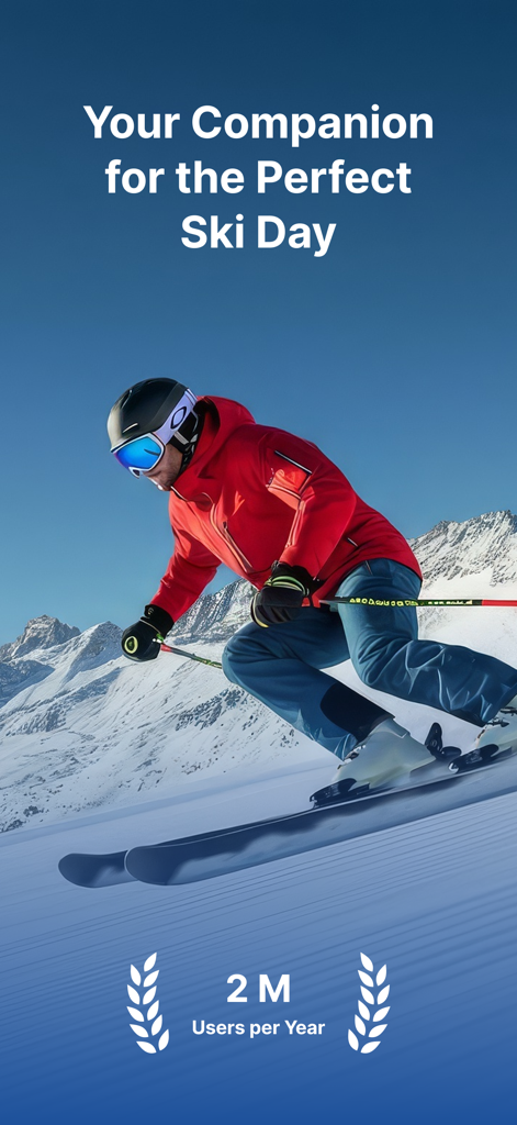 bergfex: Skiing & Tracking - A skier in a red jacket carving down a snowy mountain with text calling the app your companion for the perfect ski day.