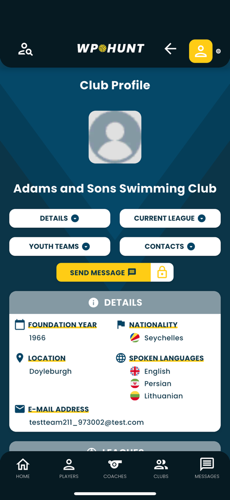 WpHunt - A club profile page on the WpHunt app displaying contact information, location, and spoken languages for a swimming and water polo club.
