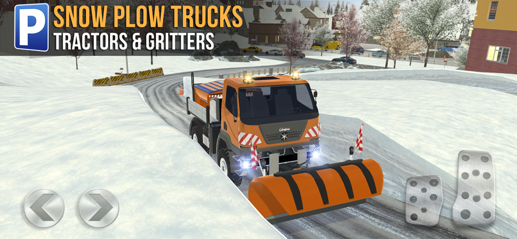 Ski Resort Parking Sim - An orange snow plow truck driving through a snowy village path in the Ski Resort Parking Sim game
