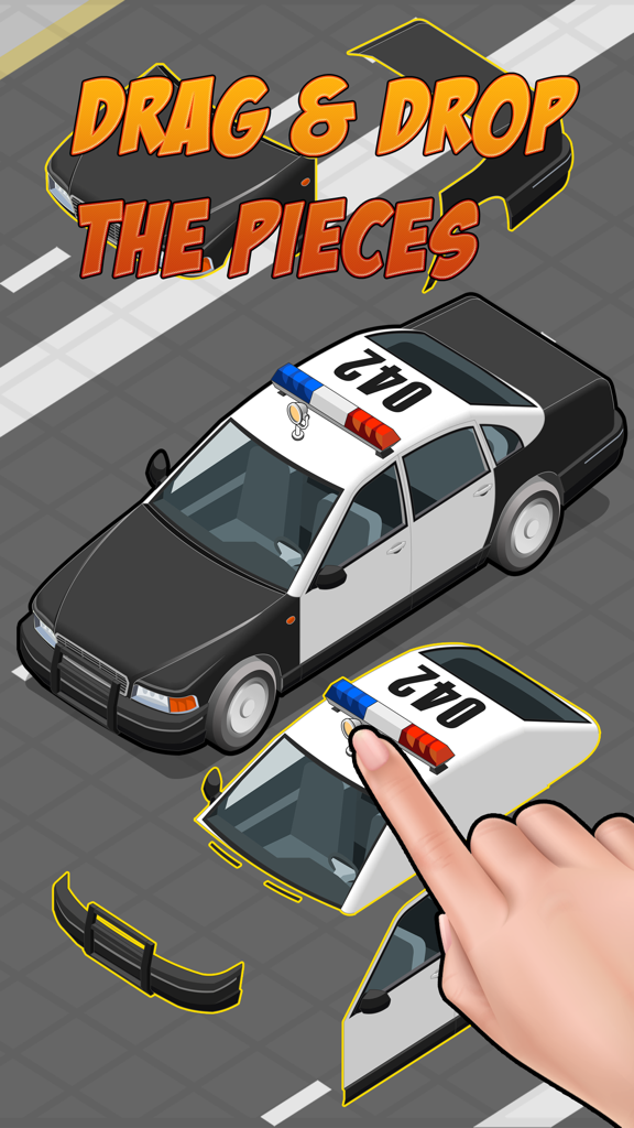 Car Puzzles Drag & Drop - A hand assembling a police car by dragging and dropping its pieces in the Car Puzzles game.