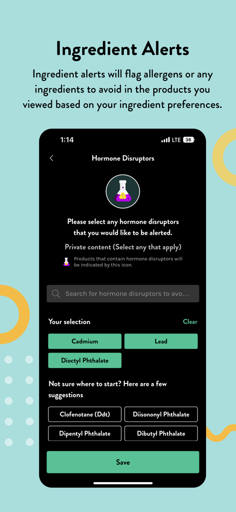 Think Dirty – Shop Clean - Screenshot of the Think Dirty app showing a personalized ingredient alert screen for selecting and avoiding hormone disruptors like lead and cadmium