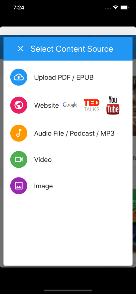 ReadCloud - ReadCloud app interface showing options to select content sources including PDF, EPUB, websites, audio, video, and images