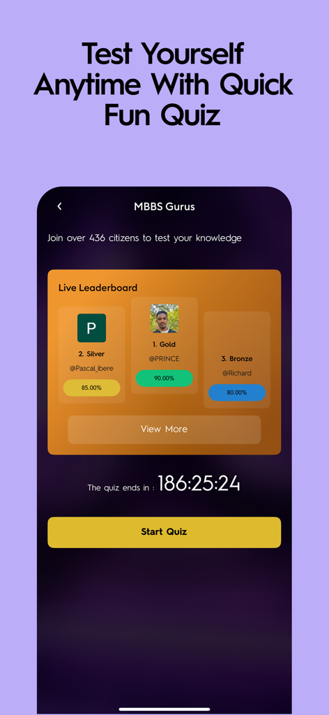 ExamCrush mobile app displaying a live leaderboard for a student quiz competition