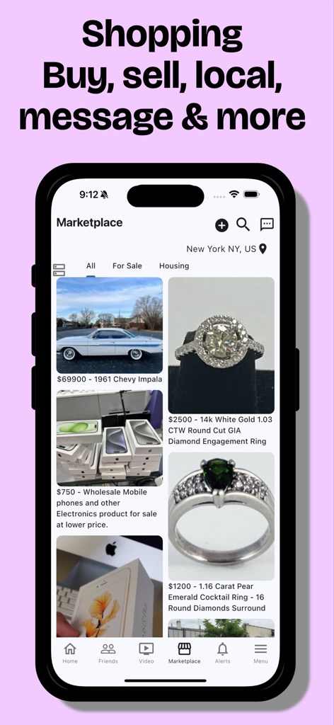 Faxo: Everything App - Interface of the Faxo app marketplace showing local listings for sale including a vintage car jewelry and electronics