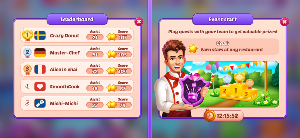 Cooking Crush Cooking Games - Cooking Crush game interface showing a player leaderboard and a team event announcement with a chef character.
