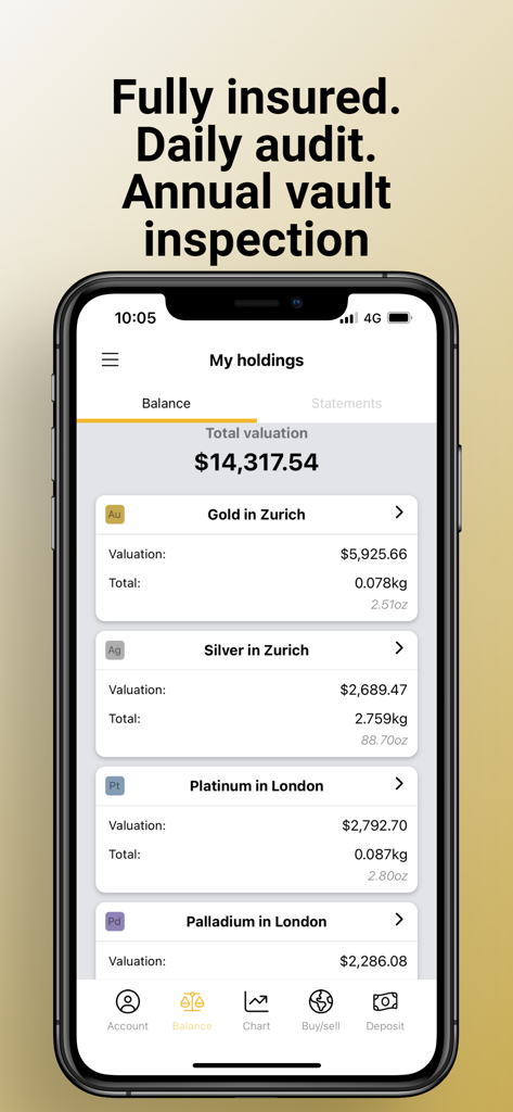 BullionVault: gold and silver - BullionVault app displaying a user's gold and silver holdings valuation