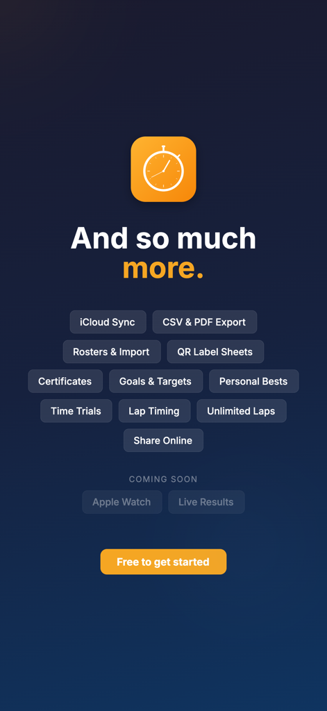 Summary of Run Lap Tap app features for coaches and PE teachers including timing modes and data export