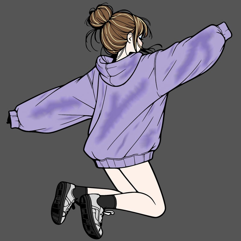 realistic girl jumping with a bun and oversized sweatshirt