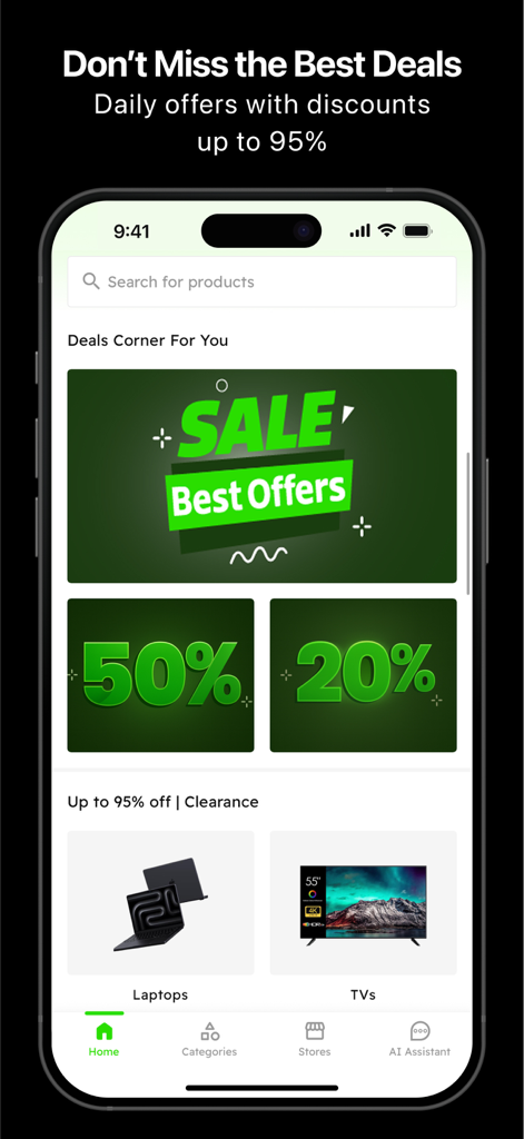 Home screen of the Rakhys app showing daily electronics deals and discounts up to 95 percent in Saudi Arabia.