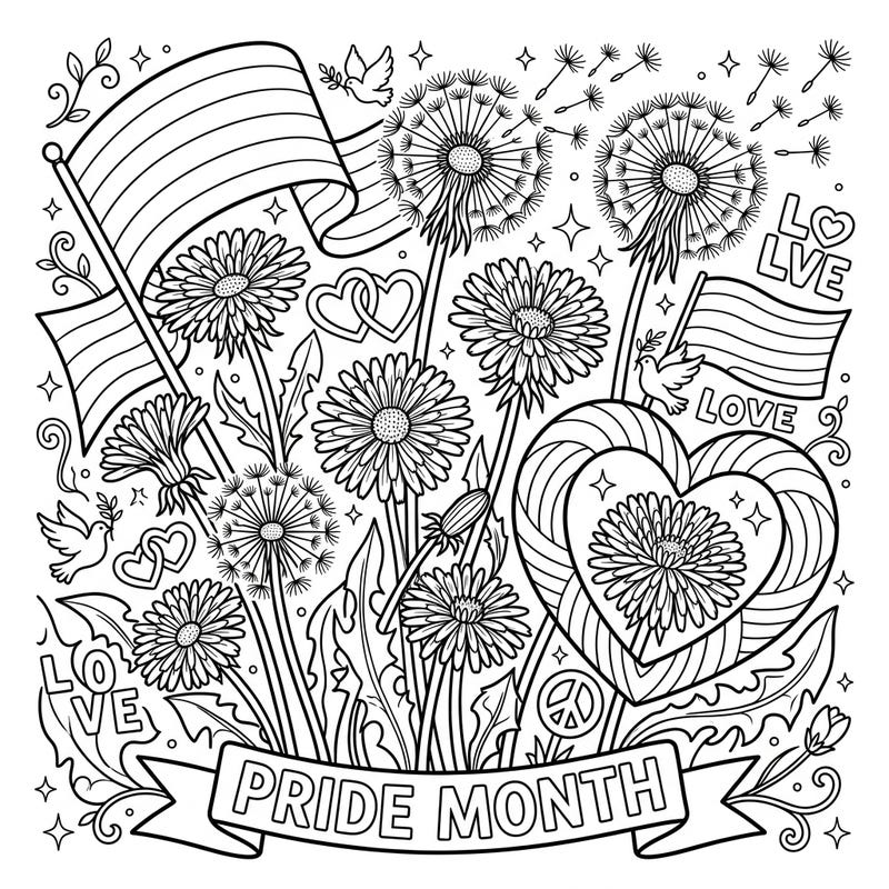 Embrace the vibrant spirit of Pride Month with this heartwarming coloring page featuring beautiful dandelions. Celebrate love, diversity, and the joy of nature with every stroke of your crayon.