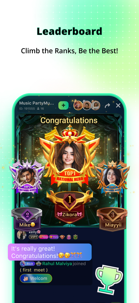 Hiyoo - Podcast & Voice Party - Hiyoo app leaderboard showing top ranked users as national heroes with avatars and trophies.